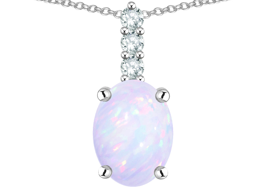 Star K  8x6mm Oval Genuine Opal Three Stone Pendant Necklace