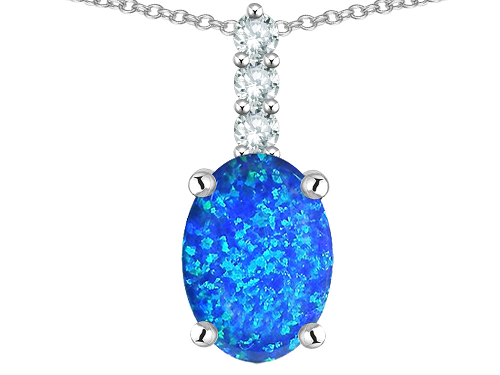 Star K  8x6mm Oval Blue Created Opal Three Stone Pendant Necklace