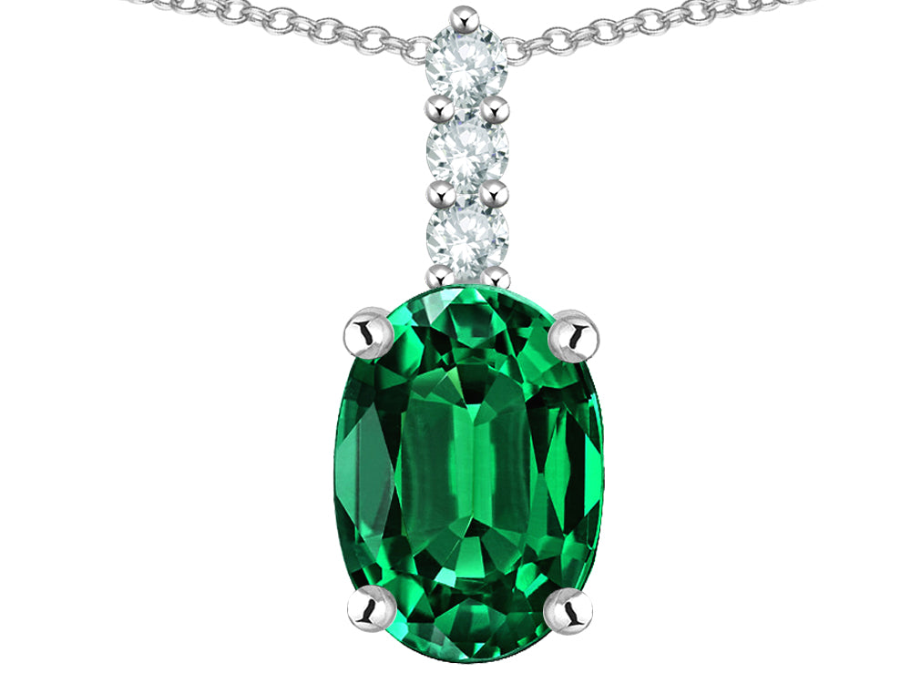 Star K  8x6mm Oval Simulated Emerald Three Stone Pendant Necklace