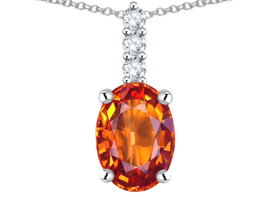 Star K  8x6mm Oval Simulated Orange Mexican Fire Opal Three Stone Pendant Necklace