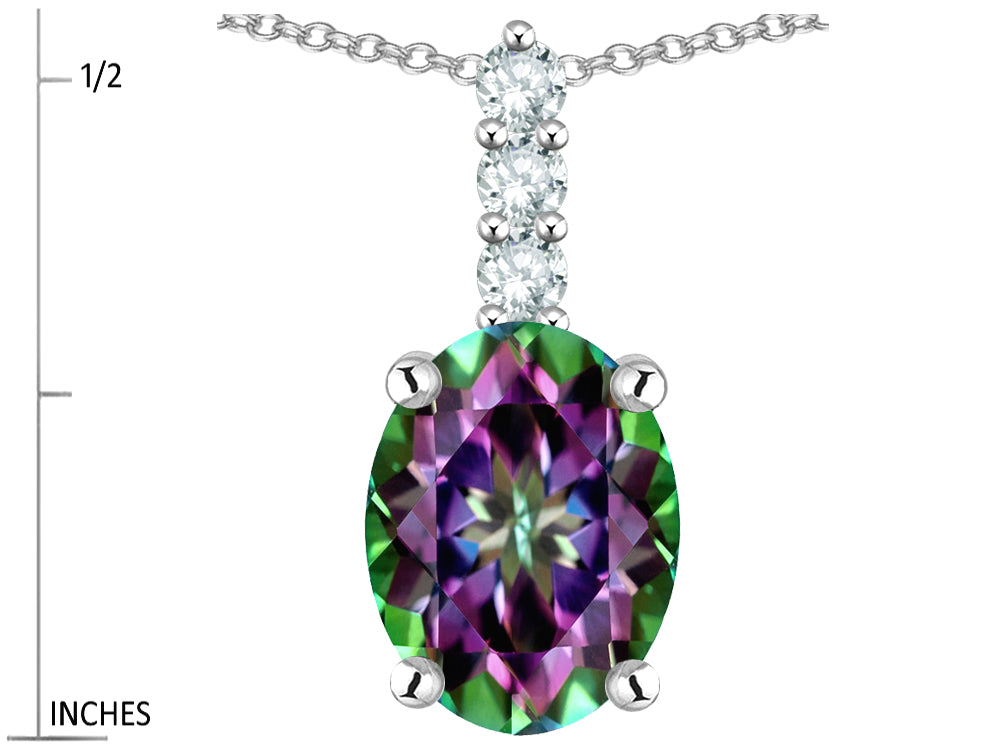 Star K  8x6mm Oval Rainbow Mystic Topaz Three Stone Pendant Necklace