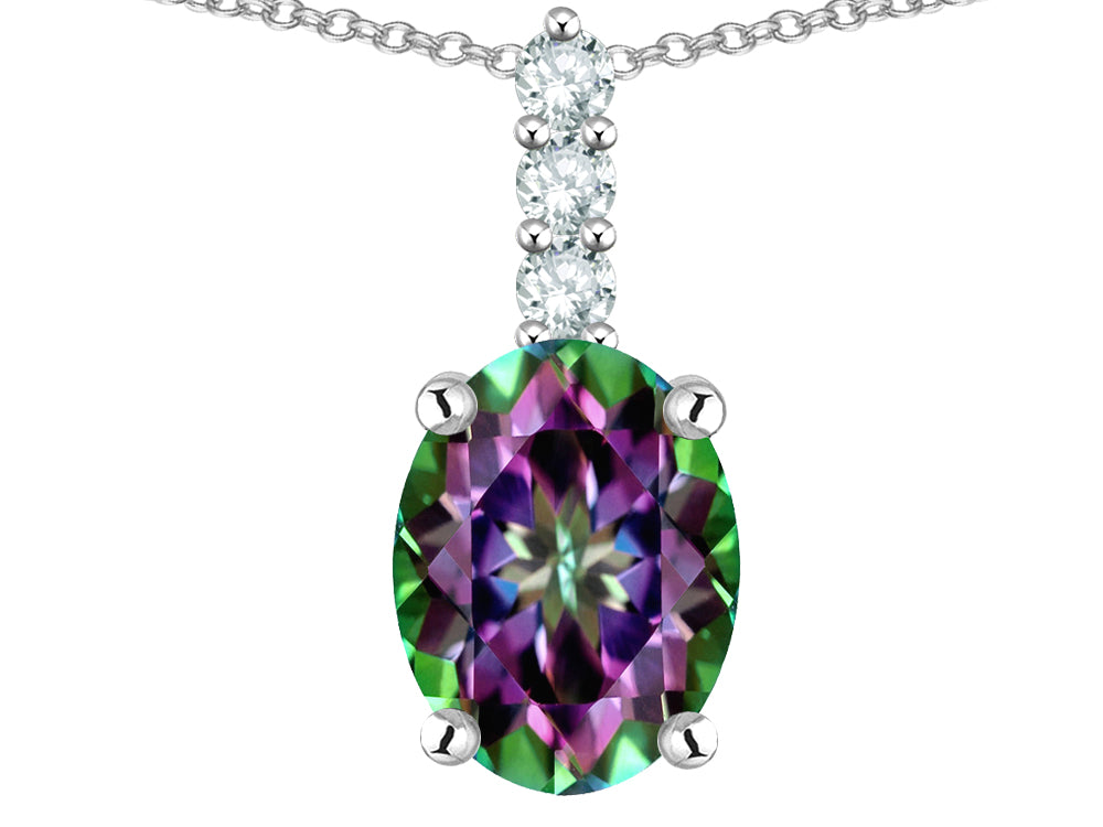 Star K  8x6mm Oval Rainbow Mystic Topaz Three Stone Pendant Necklace