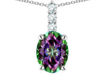 Star K  8x6mm Oval Rainbow Mystic Topaz Three Stone Pendant Necklace