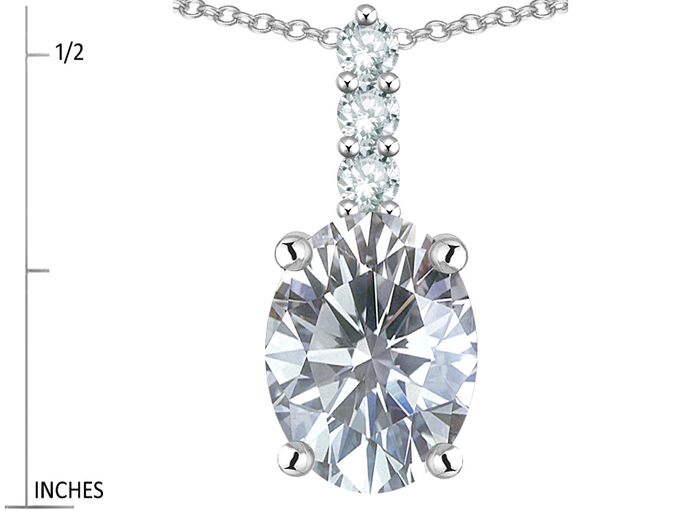 Star K  8x6mm Oval Genuine White Topaz Three Stone Pendant Necklace