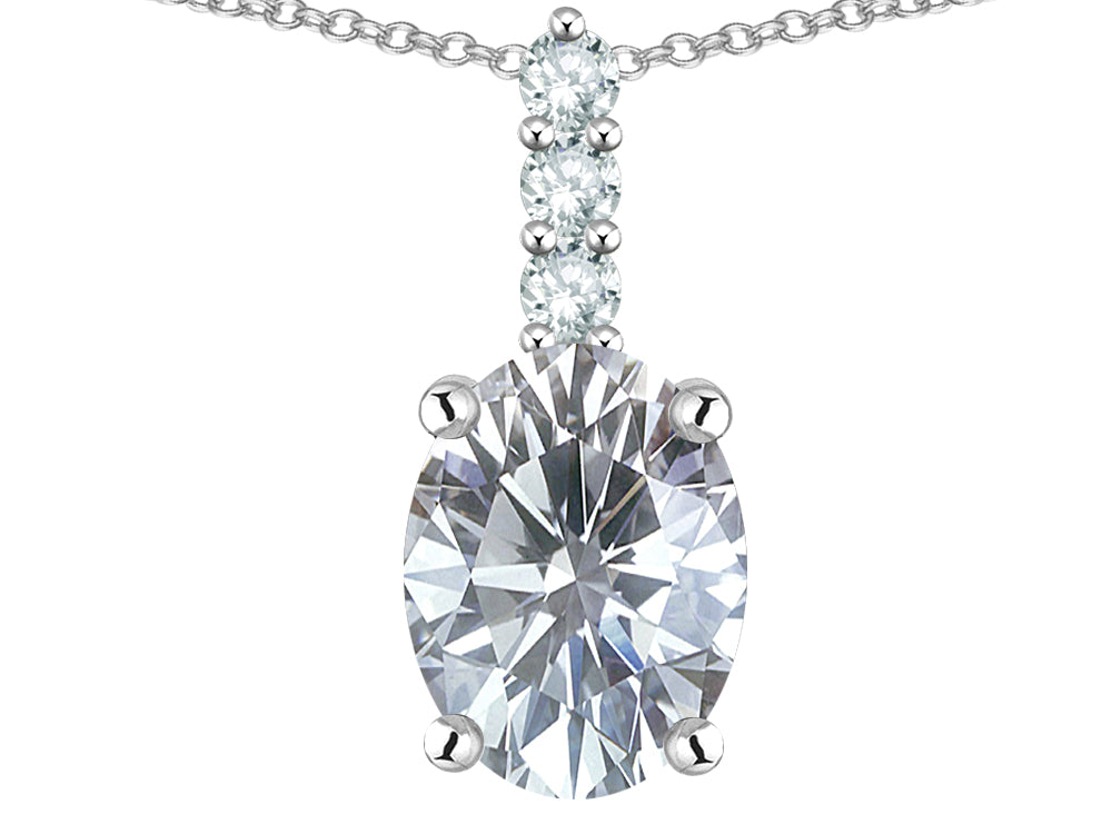 Star K  8x6mm Oval Genuine White Topaz Three Stone Pendant Necklace