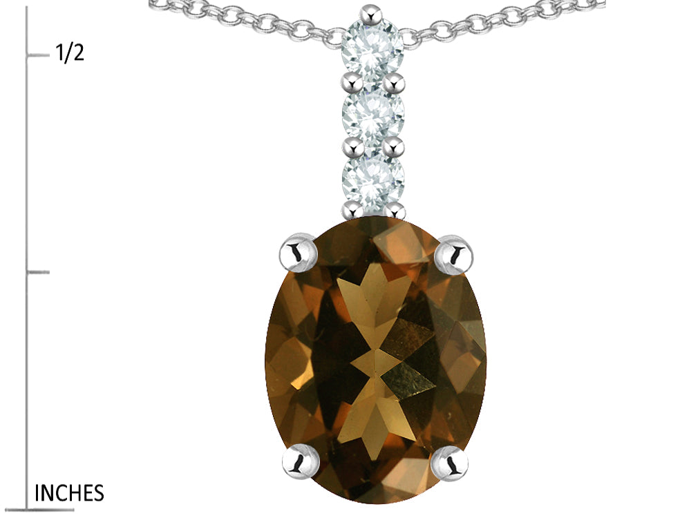 Star K  8x6mm Oval Genuine Smoky Quartz Three Stone Pendant Necklace
