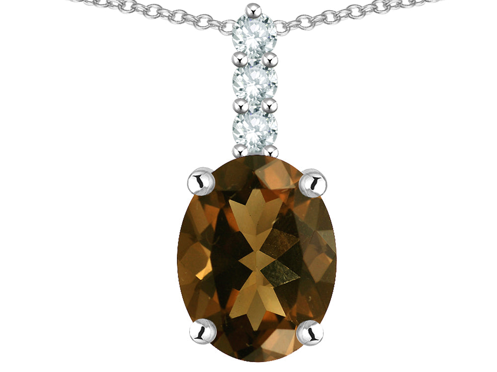 Star K  8x6mm Oval Genuine Smoky Quartz Three Stone Pendant Necklace