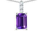 Star K  8x6mm Octagon Emerald Cut Genuine Amethyst Three Stone Pendant Necklace