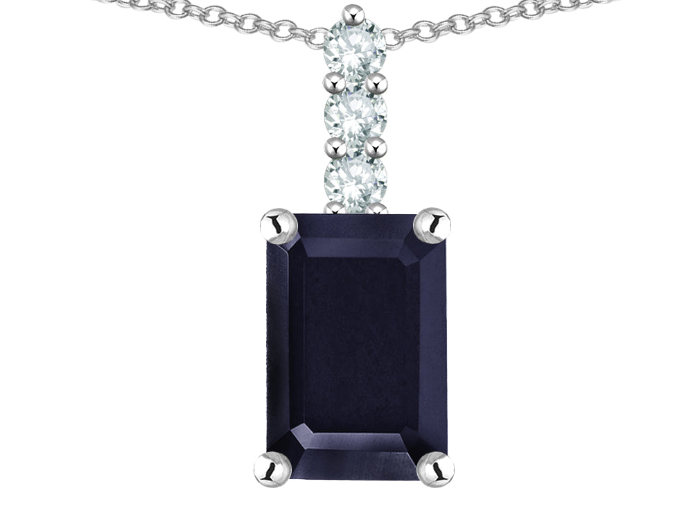 Star K  8x6mm Octagon Emerald Cut Genuine Black Sapphire Three Stone Pendant Necklace