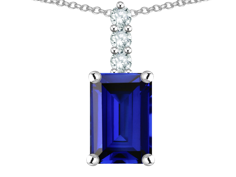 Star K  8x6mm Octagon Emerald Cut Created Sapphire Three Stone Pendant Necklace
