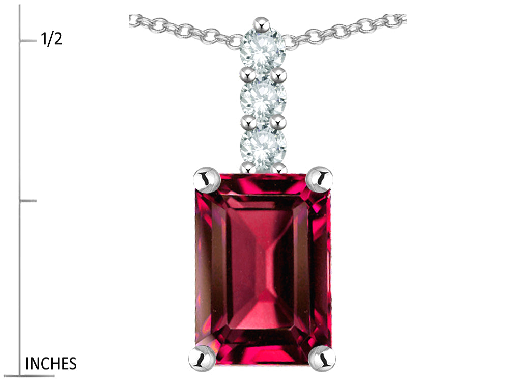 Star K  8x6mm Octagon Emerald Cut Created Ruby Three Stone Pendant Necklace