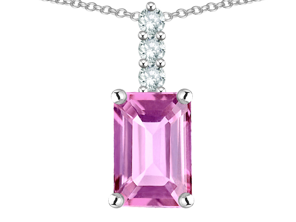 Star K  8x6mm Octagon Emerald Cut Created Pink Sapphire Three Stone Pendant Necklace