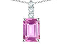 Star K  8x6mm Octagon Emerald Cut Created Pink Sapphire Three Stone Pendant Necklace