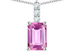 Star K  8x6mm Octagon Emerald Cut Created Pink Sapphire Three Stone Pendant Necklace
