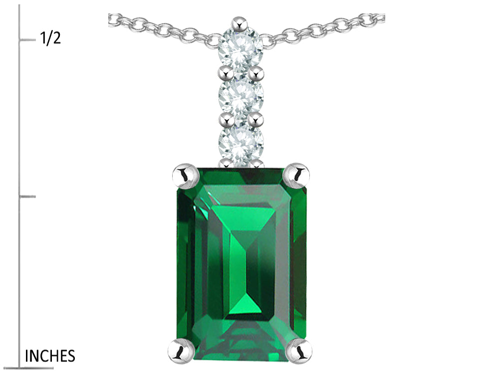 Star K  8x6mm Octagon Emerald Cut Simulated Emerald Three Stone Pendant Necklace