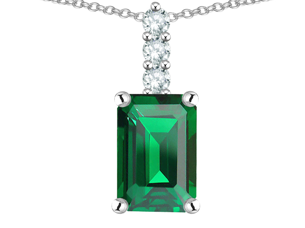 Star K  8x6mm Octagon Emerald Cut Simulated Emerald Three Stone Pendant Necklace