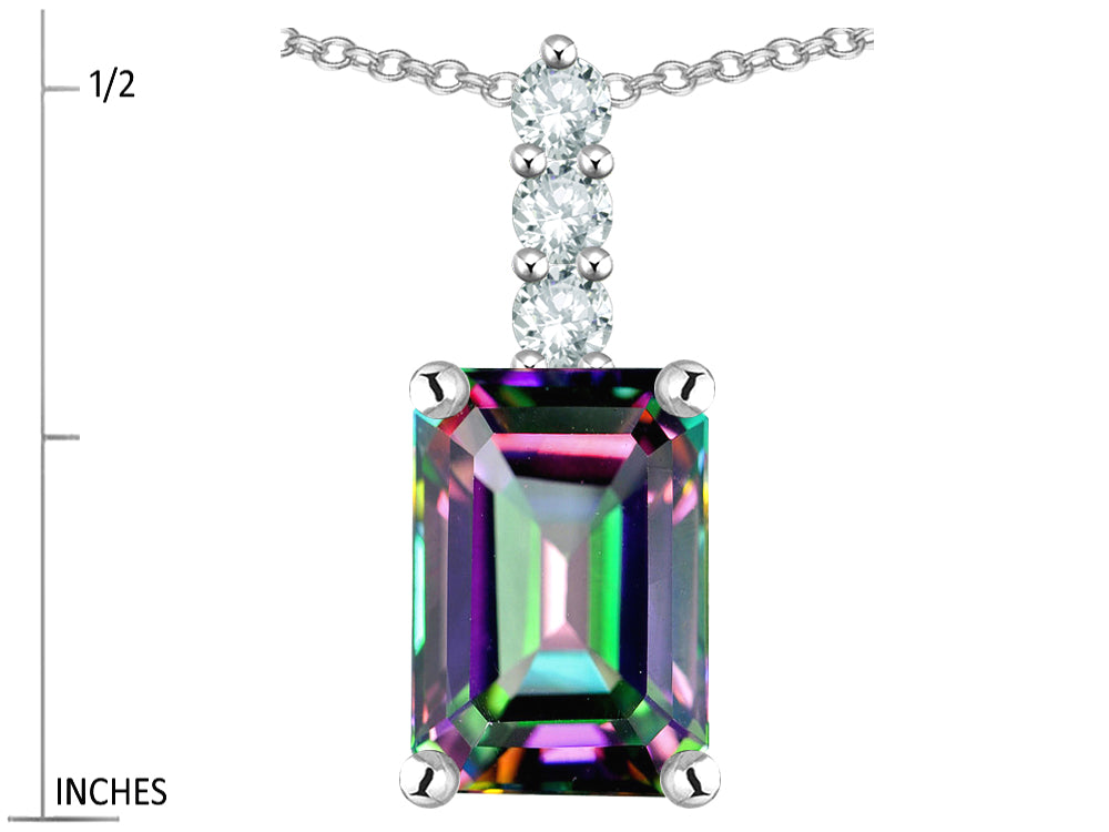Star K  8x6mm Octagon Emerald Cut Rainbow Mystic Topaz Three Stone Pendant Necklace