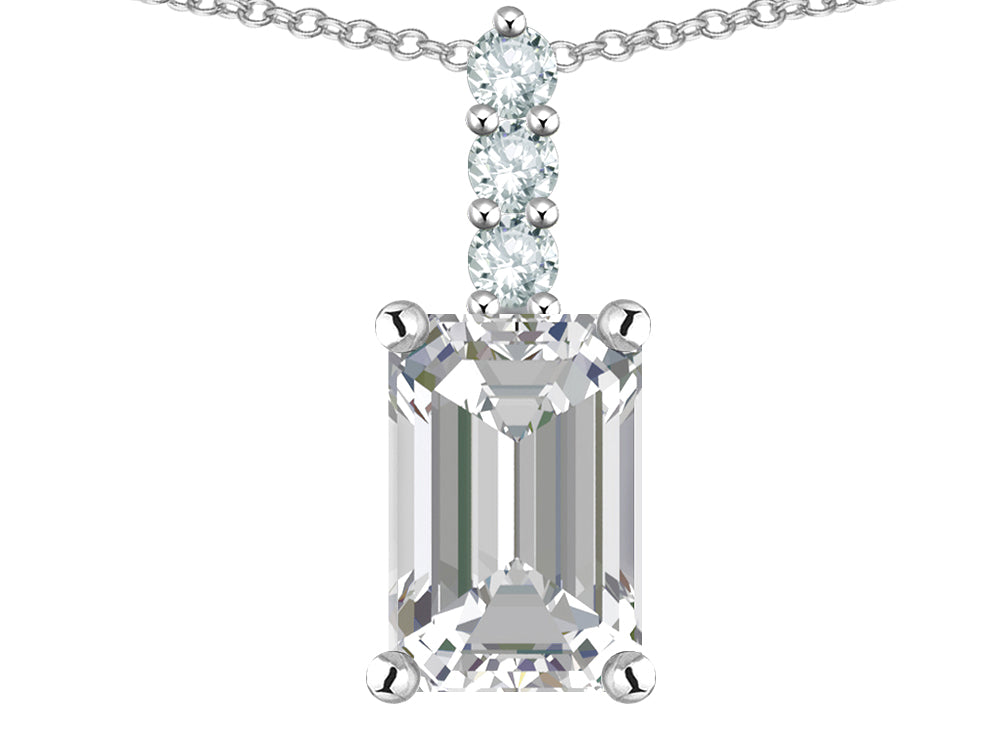 Star K  8x6mm Octagon Emerald Cut Genuine White Topaz Three Stone Pendant Necklace