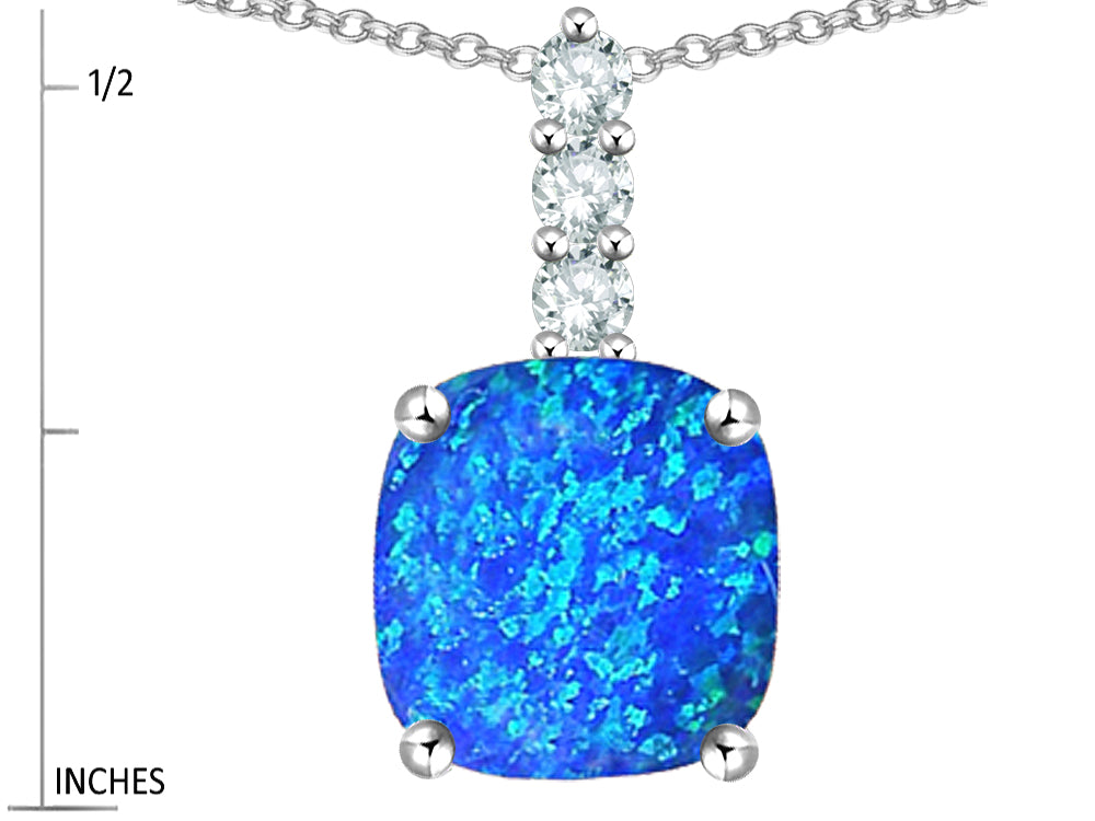 Star K  7mm Cushion-Cut Blue Created Opal Three Stone Pendant Necklace
