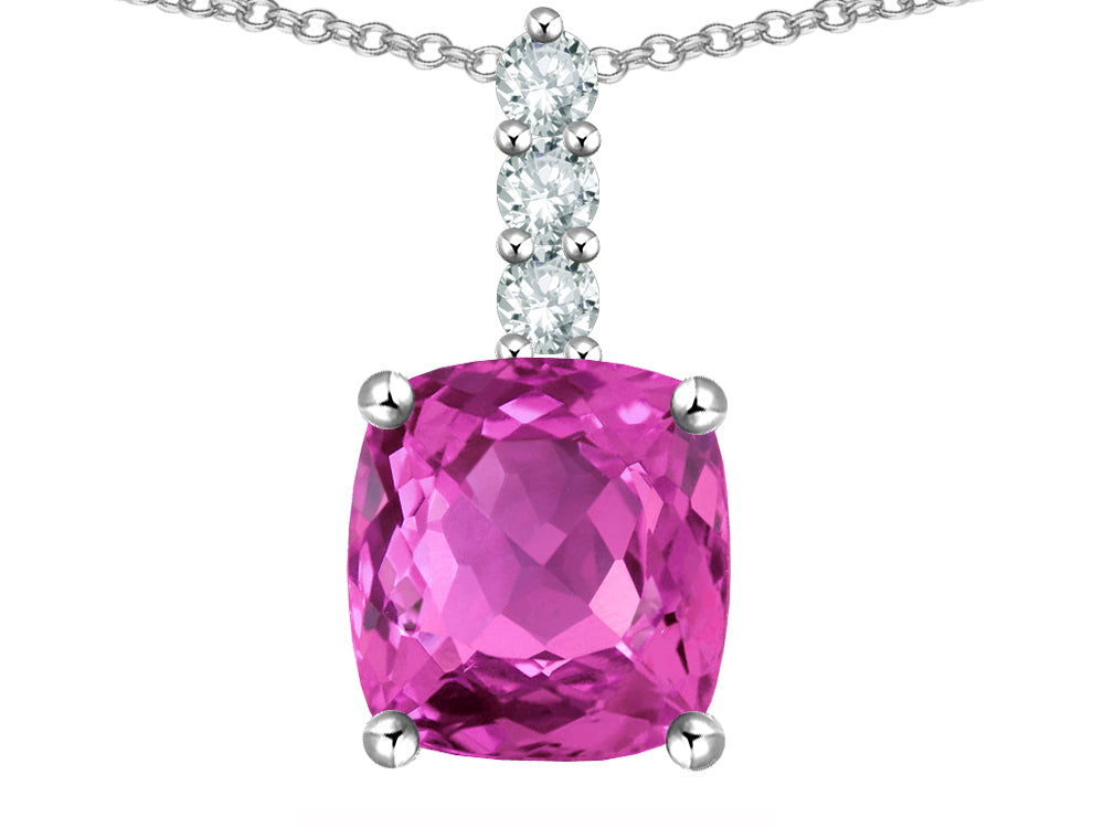Star K  7mm Cushion-Cut Created Pink Sapphire Three Stone Pendant Necklace