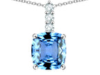Star K  7mm Cushion-Cut Simulated Aquamarine Three Stone Pendant Necklace