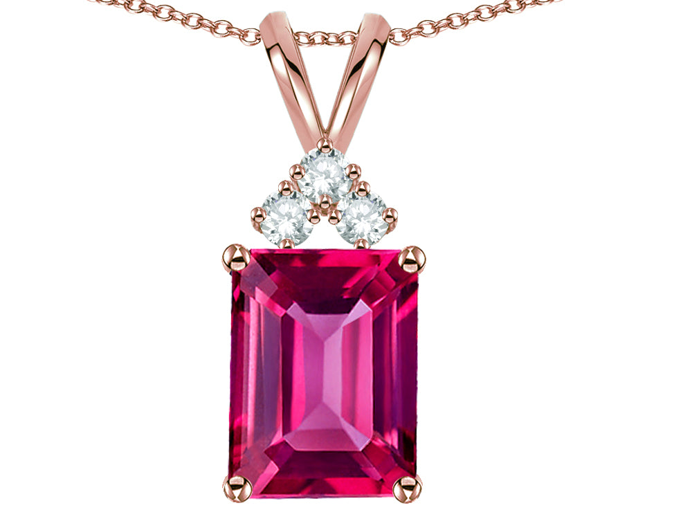 Star K  Emerald Cut 10x8 mm Simulated Pink Tourmaline Pendant Necklace