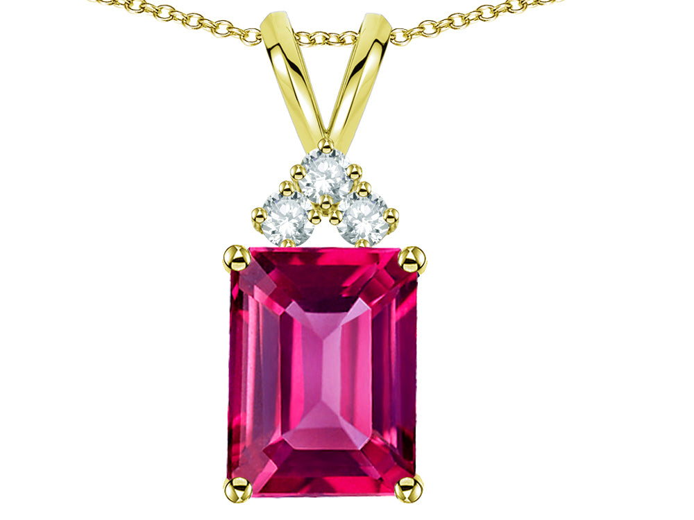 Star K  Emerald Cut 10x8 mm Simulated Pink Tourmaline Pendant Necklace
