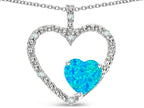Star K  Open Heart Pendant Necklace with 6mm Heart Shaped Blue Created Opal Stone