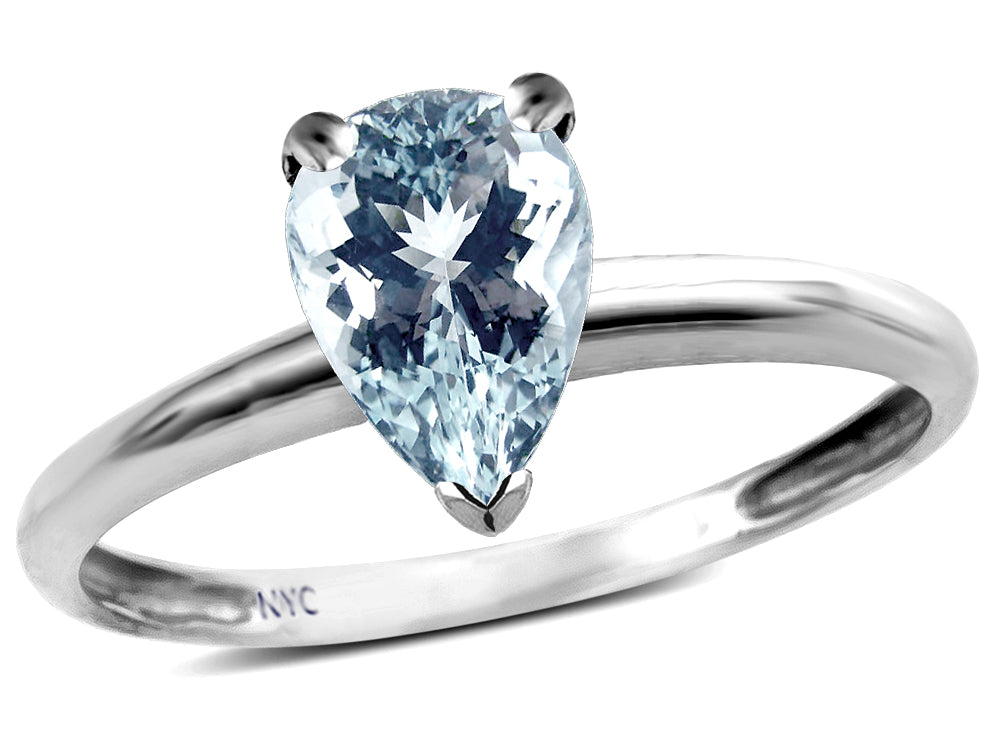 Star K ™ Classic V prong Solitaire 8x6 Pear Shape Genuine Aquamarine Engagement Promise Ring