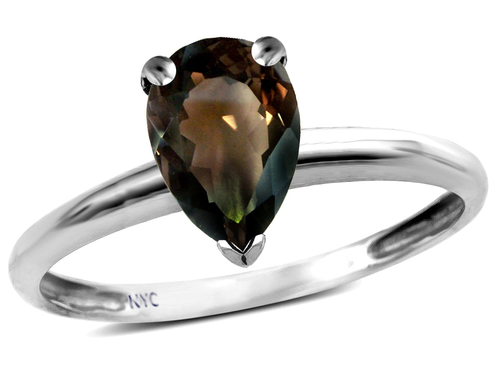 Star K  Classic Solitaire 8x6 Pear Shape Genuine Smoky Quartz Engagement Promise Ring