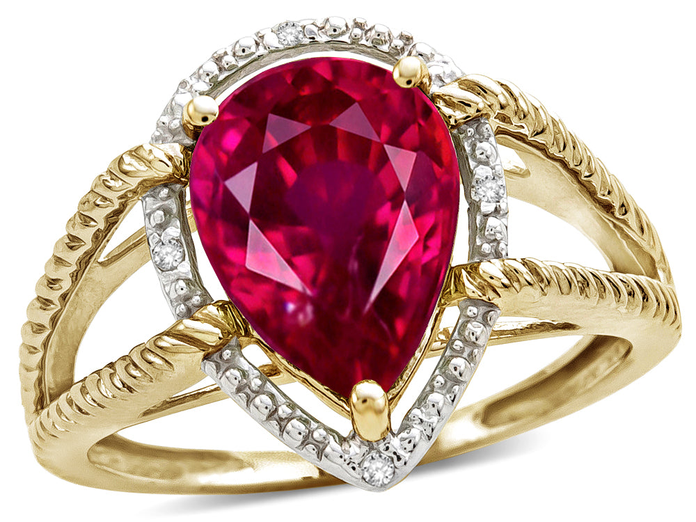 Star K ™ Pear Shape 11x8mm Created Ruby Halo Split Shank Big Stone Ring