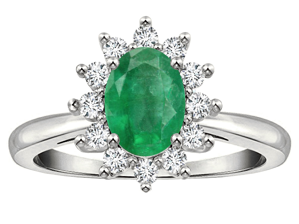Star K  Classic Lady Diana Halo Oval 7x5 Genuine Emerald Ring