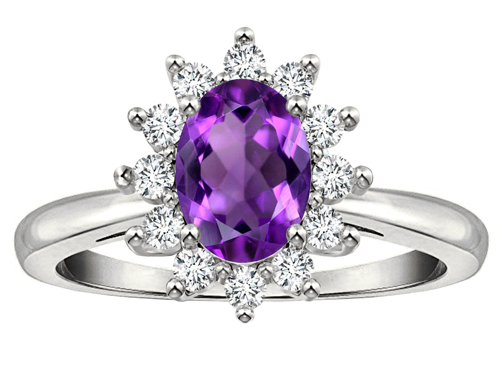 Star K  Classic Oval 7x5 Lady Diana Halo Genuine Amethyst Ring