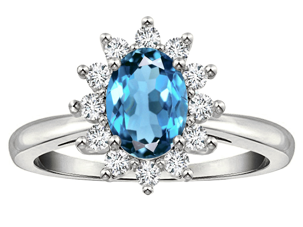 Star K  Classic Oval 7x5 Lady Diana Halo Genuine Blue Topaz Ring