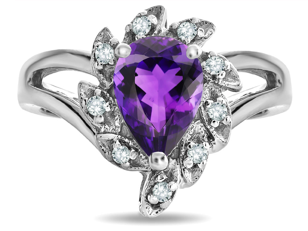 Star K  Pear Shape 8x6 Genuine Amethyst Halo Split Shank Ring