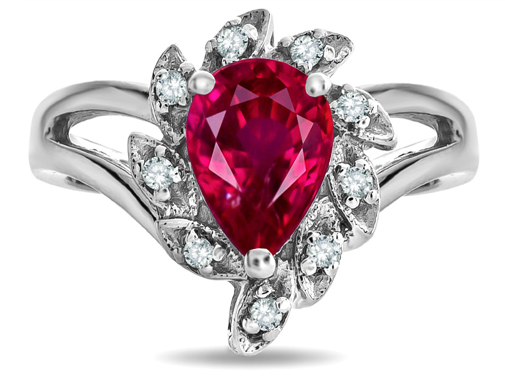 Star K  Pear Shape 8x6 Created Ruby Halo Split Shank Ring