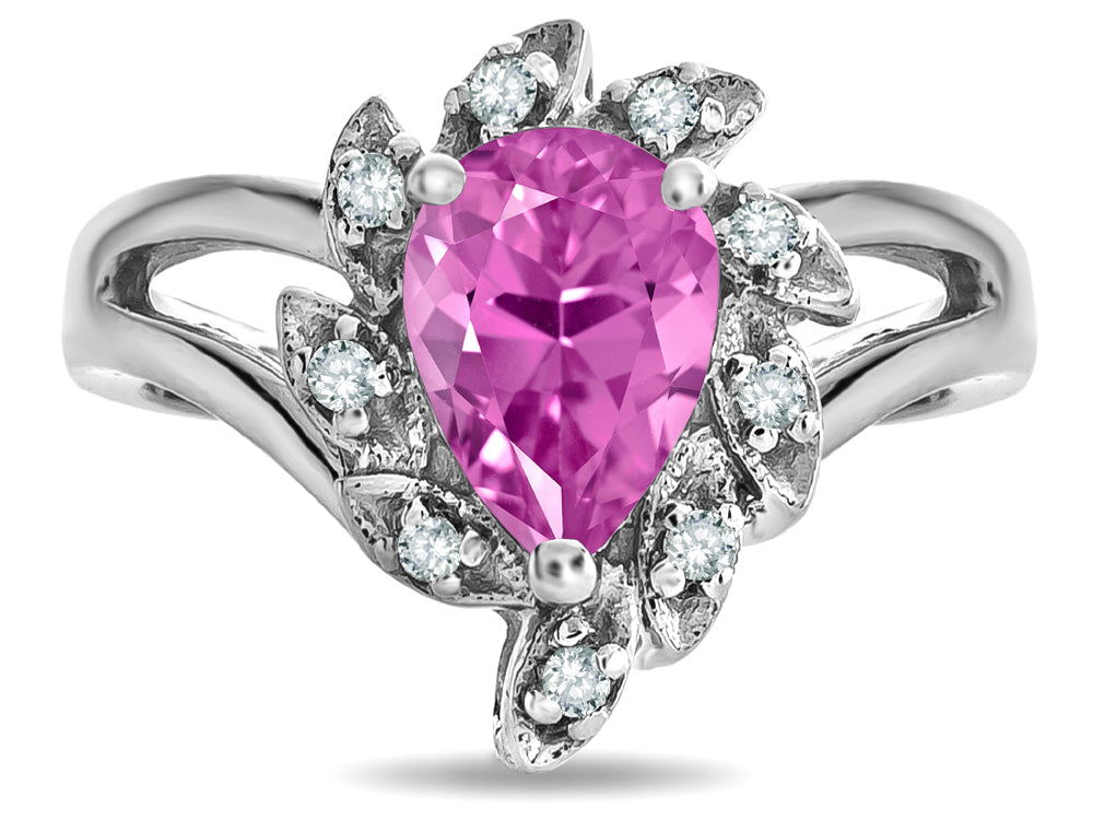 Star K  Pear Shape 8x6 Created Pink Sapphire Halo Split Shank Ring