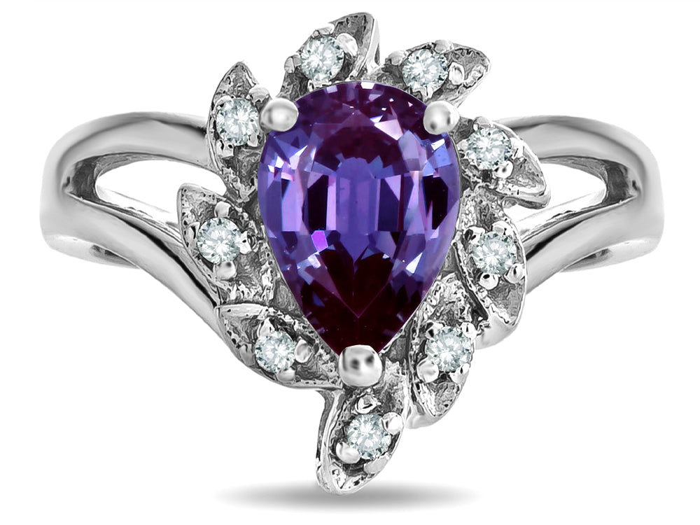Star K  Pear Shape 8x6 Simulated Alexandrite Halo Split Shank Ring
