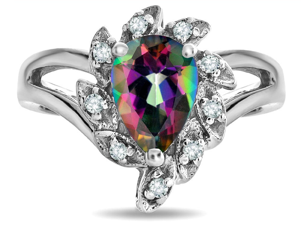 Star K  Pear Shape 8x6 Rainbow Mystic Topaz Halo Split Shank Ring