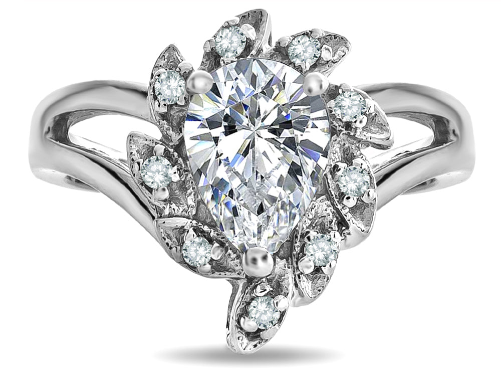 Star K  Pear Shape 8x6 Genuine White Topaz Halo Split Shank Ring