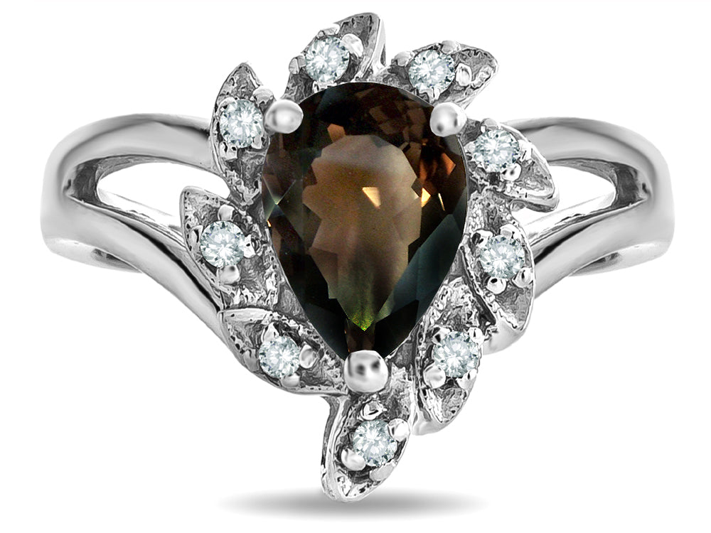 Star K  Pear Shape 8x6 Genuine Smoky Quartz Halo Split Shank Ring