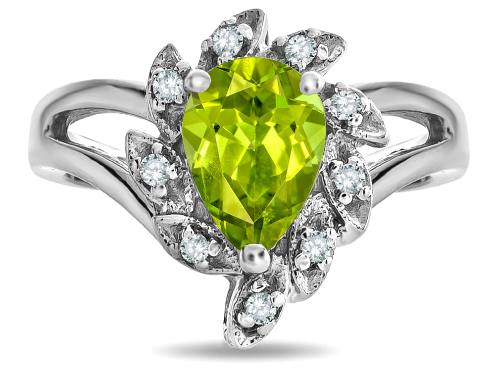 Star K  Genuine Peridot Pear Shape 8x6 Halo Split Shank Ring