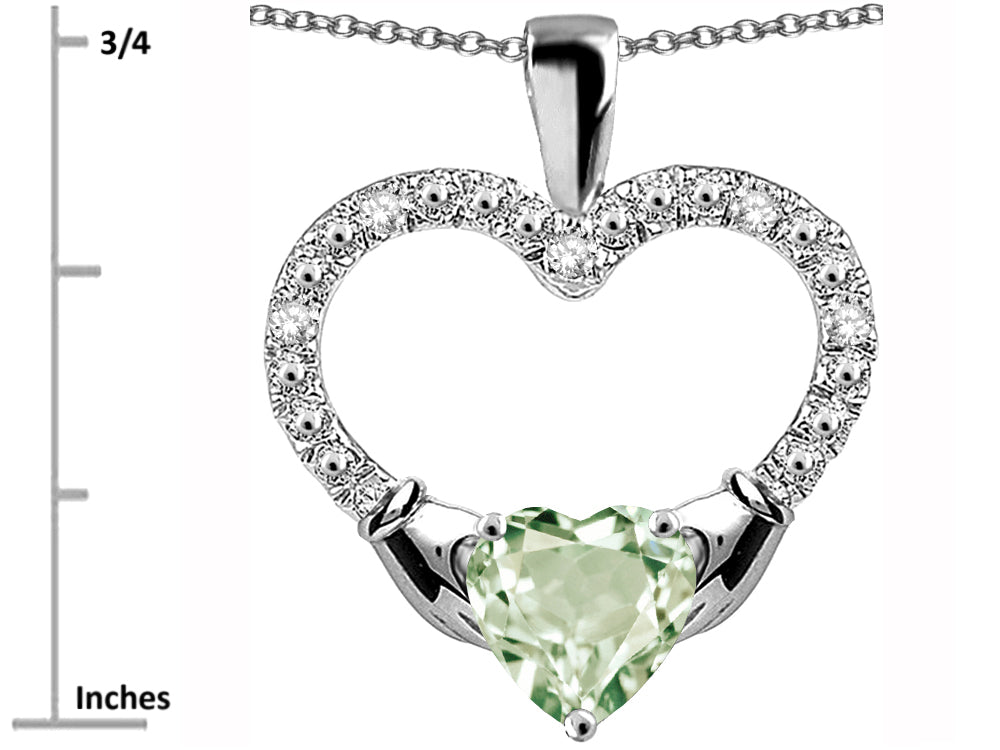 Star K Hands Holding Heart Genuine Green Amethyst Claddagh Pendant Necklace