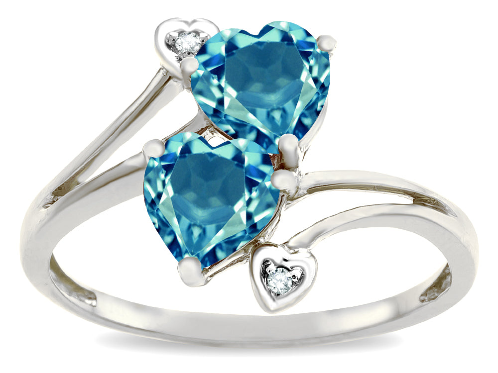 Star K  6mm Genuine Blue Topaz Two Double Hearts Bypass Promise Ring