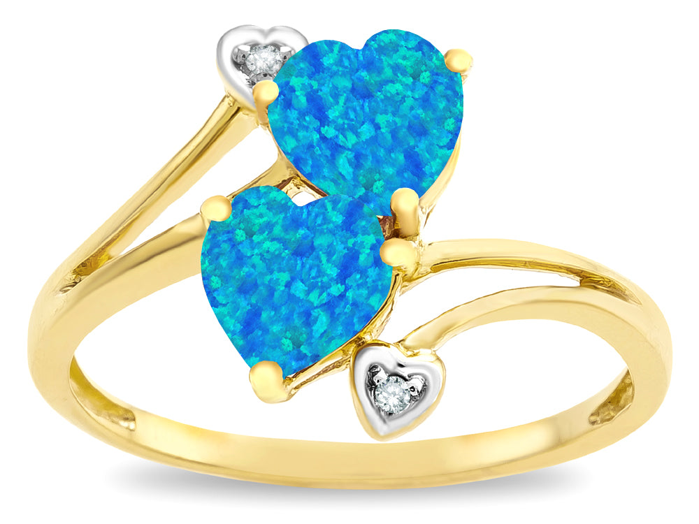 Star K ™ 6mm Blue Created Opal Two Double Hearts Bypass Promise Ring