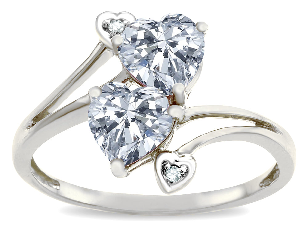 Star K  6mm Genuine White Topaz Two Double Hearts Bypass Promise Ring