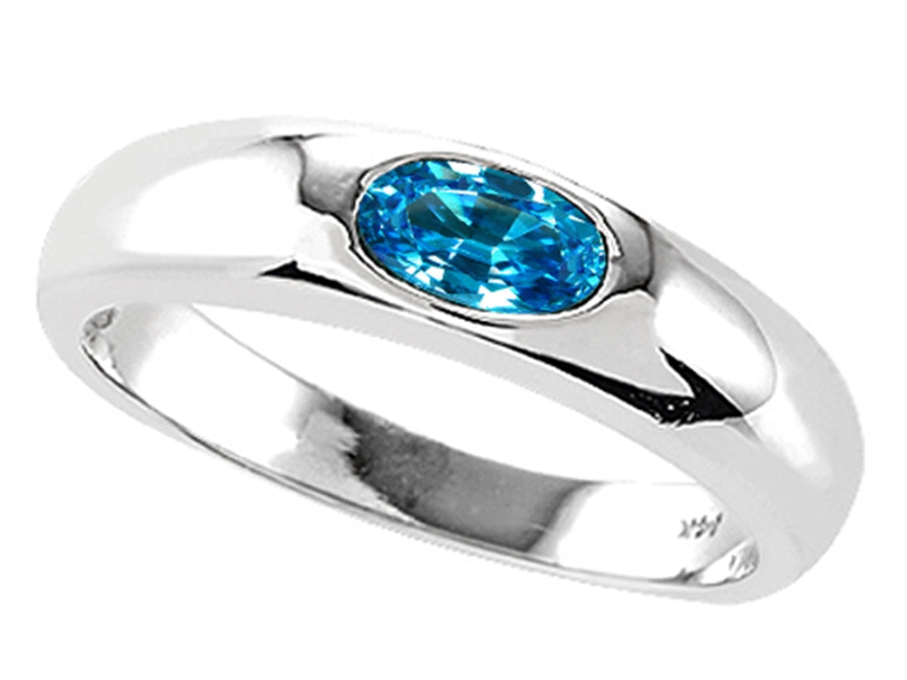Tommaso Design Oval 6x4mm Genuine Blue Topaz Birthstone Wedding Band