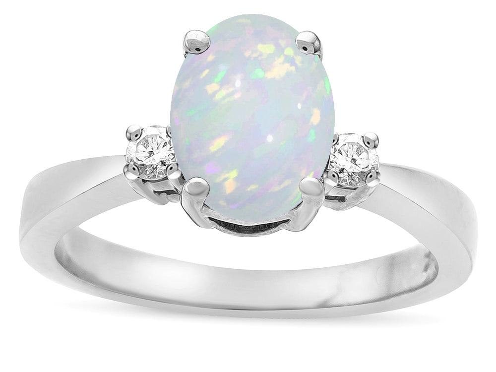 Star K ™ 3 Three Stone Oval Genuine Opal Classic Engagement Promise Ring