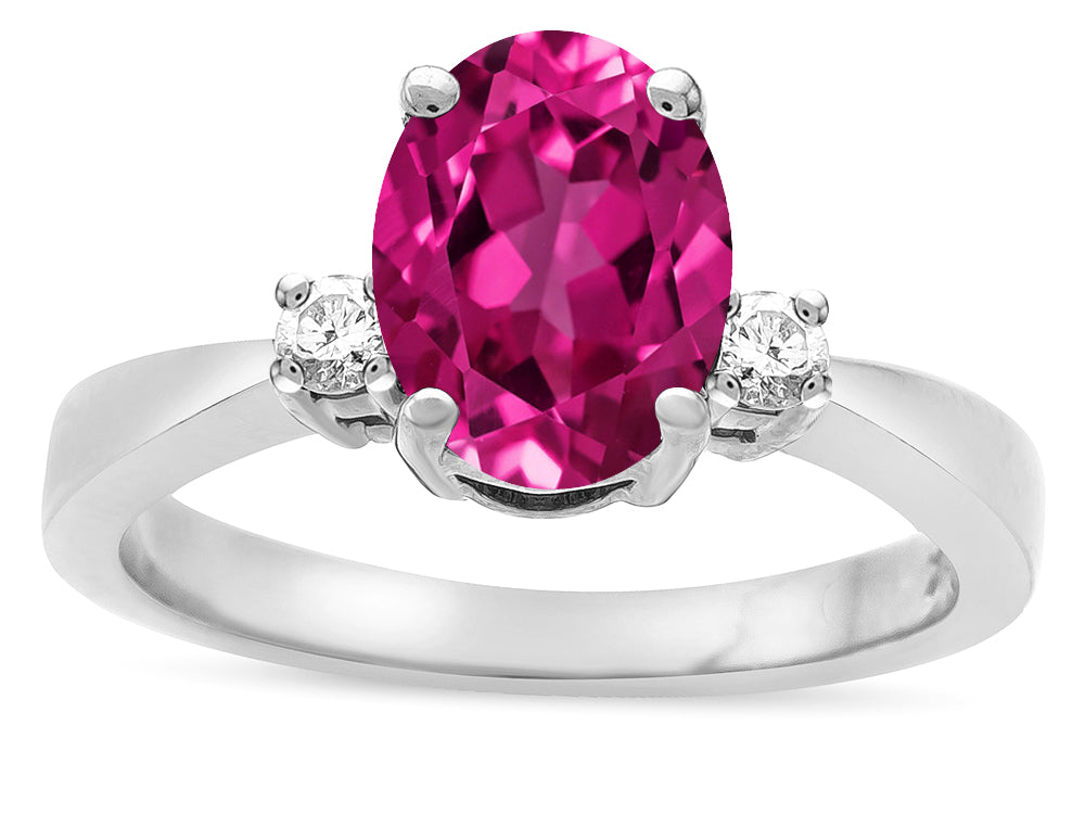 Star K  3 Three Stone Oval Simulated Pink Tourmaline Classic Engagement Promise Ring