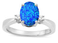 Star K  3 Three Stone Oval Created Blue Opal Classic Engagement Promise Ring